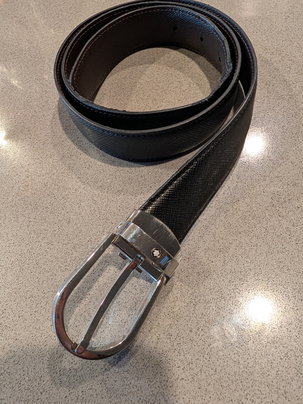 Montblanc Black Leather Belt with Silver Buckle
